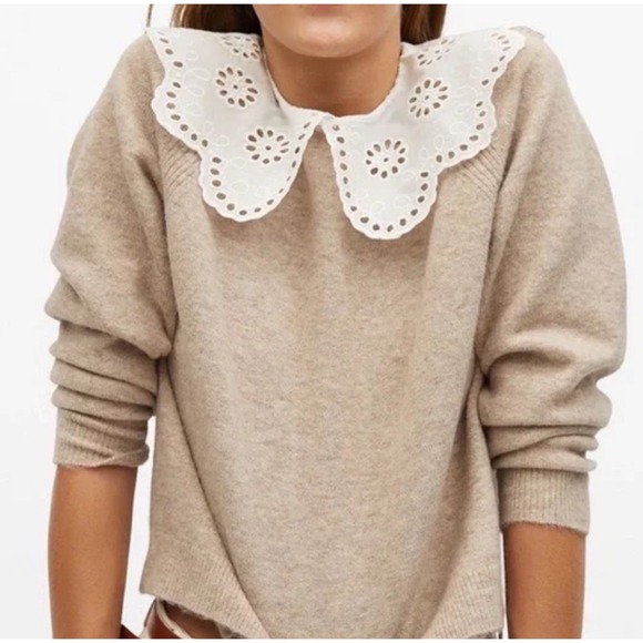 Mango Wool Blend Sweater with Eyelet Collar Womens Beige Crew Neck Size Small - Picture 1 of 10